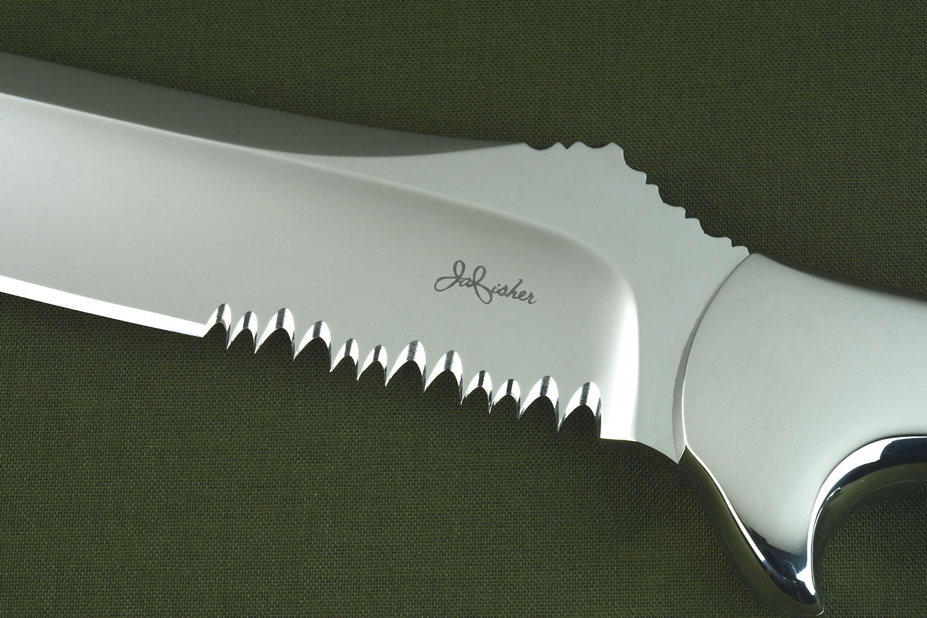 "Arctica" obverse side view in CPM154CM powder metal technology tool steel, 304 stainless steel bolsters, Cloud Jasper gemstone handle, locking kydex, aluminum, and stainless steel sheath