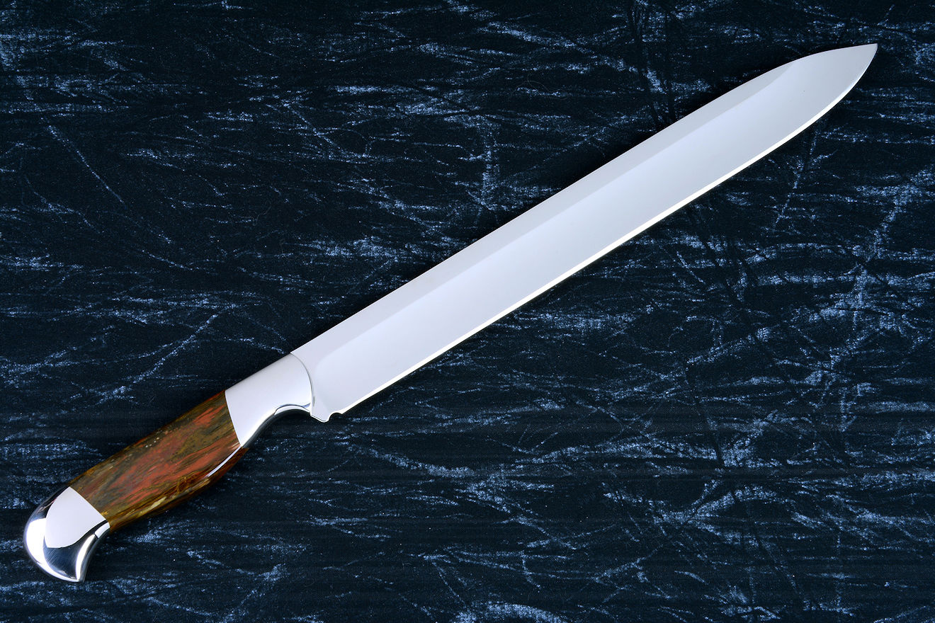 "Thresher" fine handmade chef's knife, BBQ knife, fillet knife, reverse side view in T3 cyrogenically treated 440C high chromium stainless steel blades, 304 stainless steel bolsters, Caprock petrified wood gemstone handles, Bison (American Buffalo), leather shoulder book case