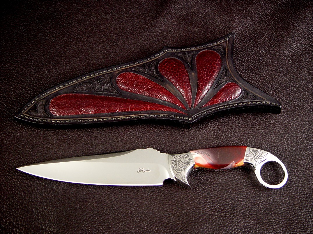 "Bulldog" collector's knife, Obverse side view: 440C high chromium stainless steel blade, hand-engraved 304 stainless steel bolsters, Mookaite Jasper gemstone handle, Ostrich leg skin inlaid in hand-carved leather