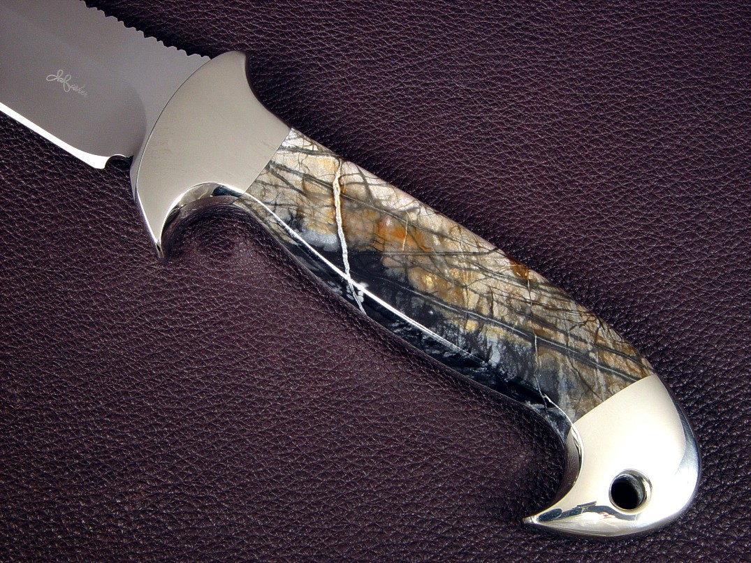 "Cygnus-Horrocks Magnum" custom knife, obverse side view in 440C high chromium stainless steel blade, nickel silver bolsters, Picasso Marble gemstone handle, hand-tooled and stamped leather sheath