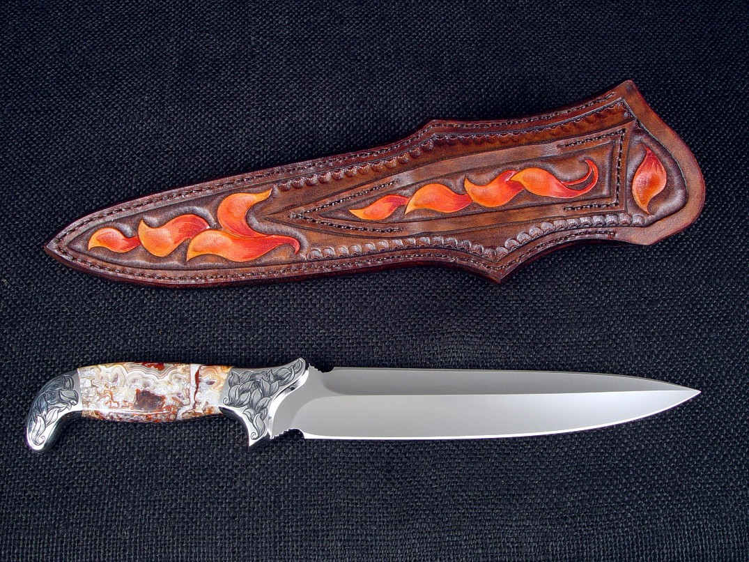 "Kotori" in ATS-34 high molybdenum stainless steel blade, hand-engraveds 304 stainless steel bolsters, Carnival Lace Agate gemstone handle, hand-carved, hand-dyed leather sheath