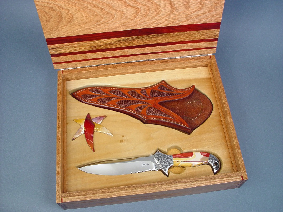 "Macha Navigator" in ATS-34 high molybdenum stainless steel blade, hand-engraved 304 stainless steel bolsters, Mookaite Jasper gemstone handle, Lizard skin inlaid in hand-carved leather sheath