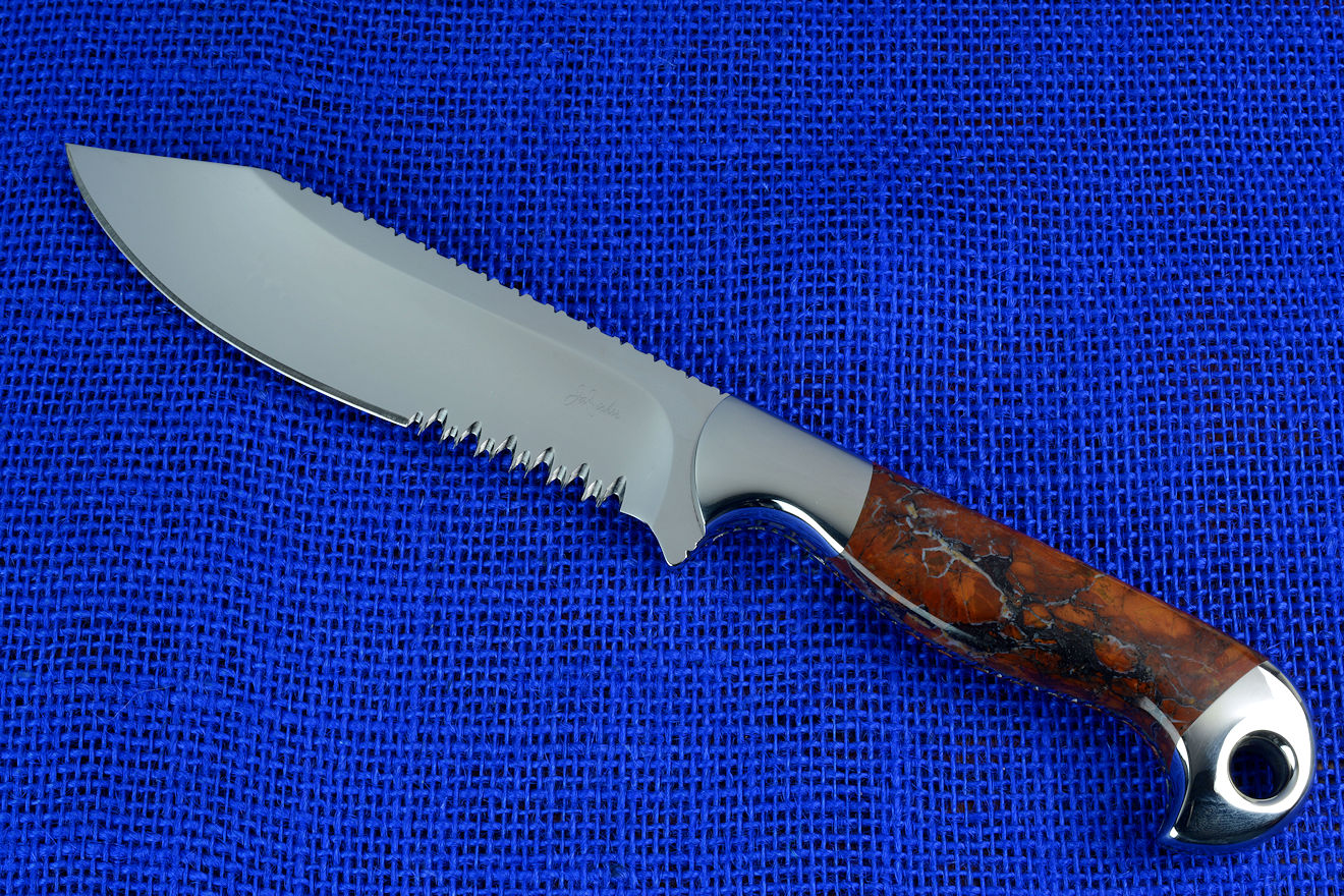 "Mariner" Sailor's Knife with "Seahawk" marlinspike, obverse side view in 440C high chromium martensitic stainless steel blade, T3 cyrogenic treatment, 304 stainless steel bolsters, Stone Canyon Jasper gemstone handle, hand-carved leather sheath inlaid with shark skin