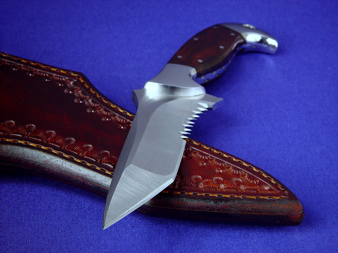 "Mercury" obverse side view in satin finished 440C high chromium stainless steel blade, 304 stainless steel bolsters, Desert Ironwood hardwood handle, hand-tooled leather sheath