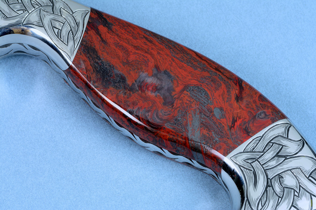 "Mesabi" custom knife sculpture in hand-cast bronze, 440C high chromium stainless steel blade, 304 hand-engraved stainless steel bolsters, Fossilized Stromatolite Chert gemstone