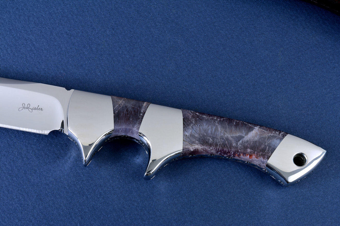 "Patriot" obverse side view in 440C high chromium stainless steel blade, 304 stainless steel bolsters, Lace Amethyst gemstone handle, shark skin inlaid in hand-carved leather sheath