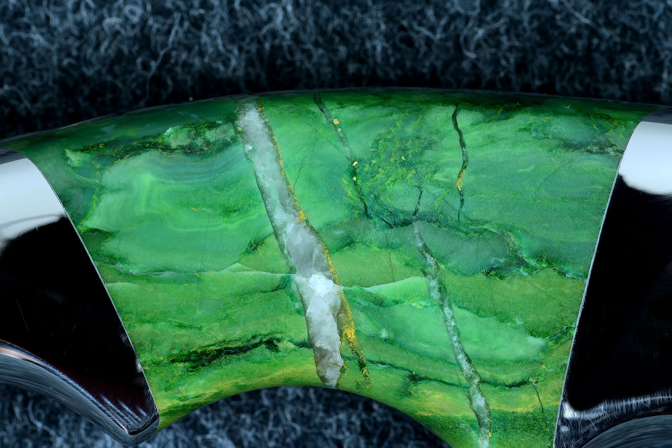 "Raptor" karambit knife, obverse side 6X enlargement of Budstone (Verdite) gemstone handle "Raptor" karambit knife, obverse side 6X enlargement of Budstone (Verdite) gemstone handle