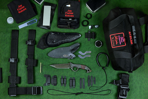 "Ari B'Lilah" Full counterterrorism tactical knife and kit, accessories, UBLX, EXBLX, HULA, LIMA, mounting, hardware, fasteners, storage flashlights, lanyards, double drawstring bags, 1000 denier lined duffle