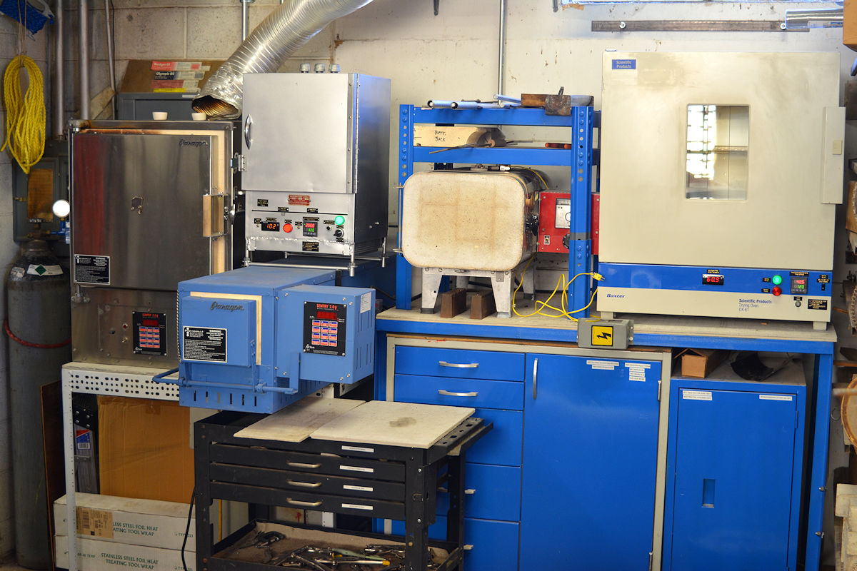 Oven/Furnace nest in Jay Fisher's Sharp Instinct Studio with burnout ovens, tempering ovens, drying ovens, sword furnace, knife furnaces, combination furnaces