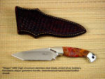 "Alegre" fine handmade custom working knife in stainless steel, nickel silver, hard polished jasper gemstone handle, basketweave leather sheath