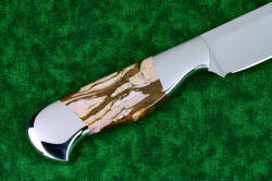 "Rebanador" fine professional grade knife, reverse side gemstone handle detail view in 440C high chromium stainless steel blade treated with T3 cryogenic heat treatment, 304 stainless steel bolsters, Brown Zebra Jasper gemstone handle