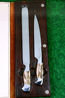 "Bordeaux and Rebanador" fine chef's knives, BBQ knives, book case inside view in Bison (American Buffalo) skin, heavy leather shoulder, nylon stitching, stainless steel hardware