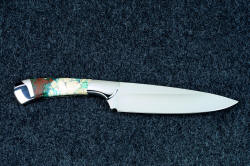 Elegant lines, working profile and striking gemstone handle of "Cygnus" Custom handmade chef's knife in T3 cryogenically treated 440C high chromium stainless steel blade, 304 stainless steel bolsters, Cuprite mosaic gemstone handle, hand-tooled leather sheath