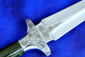 "Daqar" Custom handmade dagger, reverse side engraved stainless steel guard detail view ,  in T4 deep cryogenically treated CPM 154CM Powder metal technology martensitic stainless steel blade, hand-engraved, 304 austenitic stainless steel fittings, hand-engraved, nephrite jade gemstone handle, hand-carved leather sheath inlaid with American Bison skin