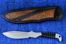 "Heracles" obverse side view in 440C high chromium stainless steel blade, 304 stainless steel bolsters, polished G10 fiberglass/epoxy composite handle, hand-tooled, hand-dyed leather sheath