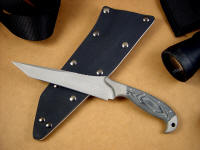 "Mercator" in 440C high chromium stainless steel blade, 304 stainless steel bolsters, canvas micarta phenolic handle, kydex, aluminum, blued steel sheath