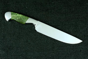 "Opere" Custom Knife, reverse side knife view in T4 cryogenically treated CPM 154CM powder metal stainless steel blade, 304 stainless steel bolsters, Nephrite Jade gemstone handle, hand-carved leather sheath inlaid with green rayskin