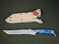 "PJLT" in etched 440C high chromium stainless steel blade, hand-engraved 304 stainless steel bolsters, Afghanistan Lapis lazuli gemstone handle, locking kydex, aluminum, stianless steel, nickel plated steel sheath