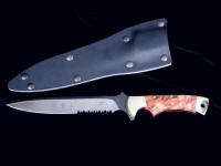 SWAT Hybrid knife, obverse side view in blued, satin finished O1 high carbon tungsten-vanadium tool steel blade, brass bolsters, stabiliized Buckeye burl handle, kydex, aluminum blued steel sheath