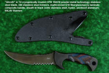 "Ghroth" tactical, counterterrorism, survival knife, obverse side view in T4 cryogenically treated CPM154 CM powder metal technology high molybdenum stainless steel blade, 304 stainless steel bolsters, multicolored G10 fiberglass/epoxy composite laminate handle, positively locking sheath in kydex, anodized aluminum, anodized titanium, black oxide stainless steel