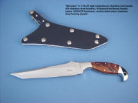 "Mercator" obverse side view: ATS-34 high molybdenum stainless steel blade, 304 stainless steel bolsters, Kingwood hardwood handle, locking kydex, aluminum, stainless steel sheath