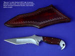 "Mercury" obverse side view in satin finished 440C high chromium stainless steel blade, 304 stainless steel bolsters, Desert Ironwood hardwood handle, hand-tooled leather sheath