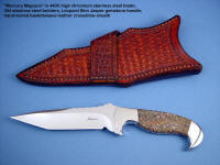 "Mercury Magnum" obverse side view: 440C stainless steel blade, 304 stainless steel bolsters, Red Leopard Skin Jasper gemstone handle, basket weave crossdraw leather sheath