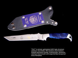 "PJLT" United States Air Force Pararescue commemorative knife in etched, gold, 440C high chromium stainless steel blade, 304 stainless steel bolsters, Sodalite gemstone handle, locking kydex, aluminum, stainless steel sheath