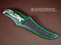 "Dagon" fillet, boning, carving, chef's, collector's knife, sheathed view in 440C high chromium stainless steel blade, 304 stainless steel bolsters, Green Orbicular Jasper gemstone handle, frog skin inlaid in hand-carved leather sheath