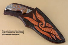 "Orion" in 440C high chromium stainless steel blade, hand-engraved 304 stainless steel bolsters, Rio Grande Agate gemstone  handle, hand-carved leather sheath inlaid with frog skin