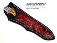 "Regulus" in 440C high chromium stainless steel blade, hand-engraved 304 stainless steel bolsters, Sampson Peak Brecciated Jasper gemstone handle, American Alligator inlaid in leather sheath