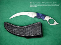 "Wardlow" kerambit in 440C stainless steel blade, 304 stainless steel bolsters, sodalite gemstone handle, hand-stamped black basketweave leather sheath for inside belt, pants wear