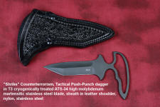 "Shrike" Tactical, Utility Push-Punch dagger/knife, in T3 cryogencially treated ATS-34 high molybdenum martensitic stainless steel blade, positive snap-lock leather sheath, envelope lined storage bag